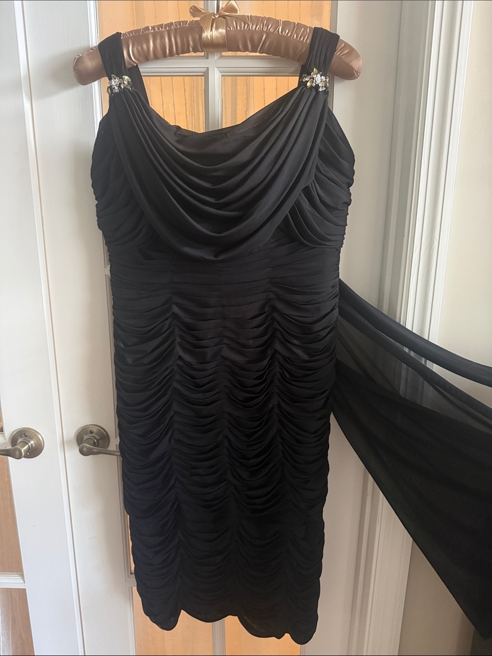 NWT VM Collection Mori Lee Black Ruched Corset Cocktail Dress Sash Train Party